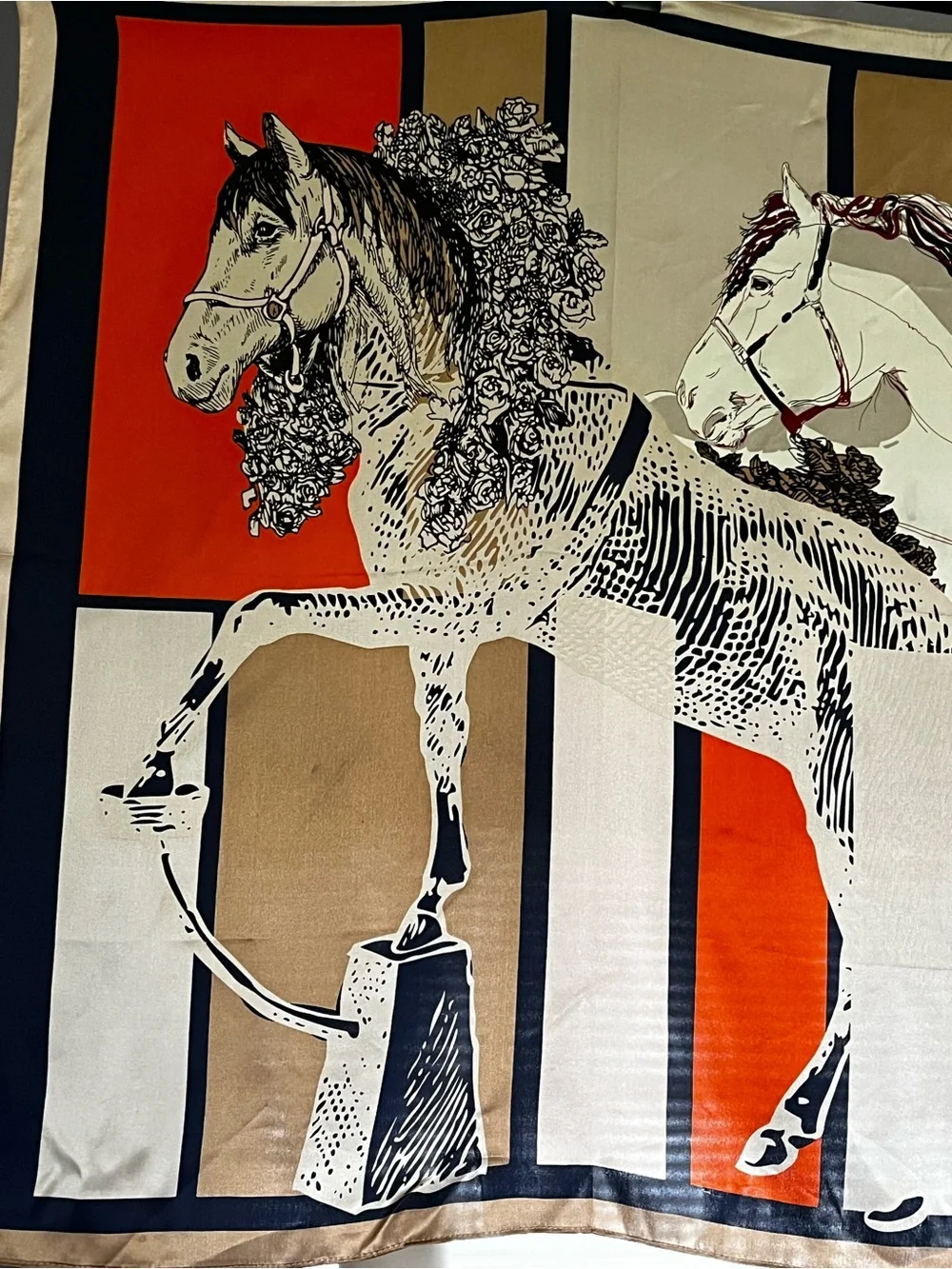Equestrian Silk Scarf Print - Beige, Orange & Black